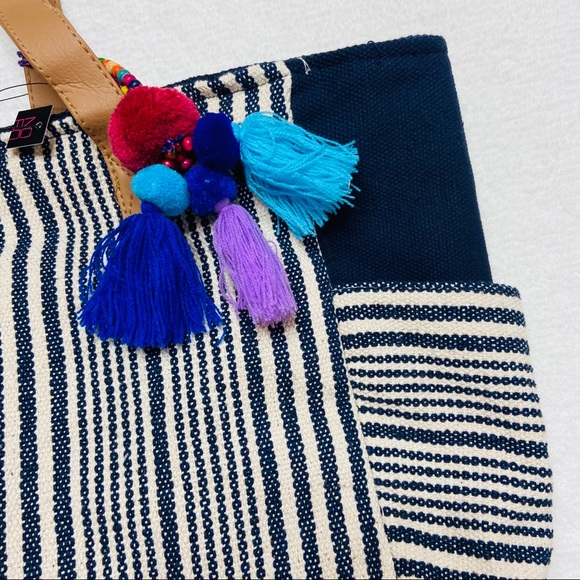 Tote Bag Beach Striped Blue White Canvas Tassels - Picture 3 of 8